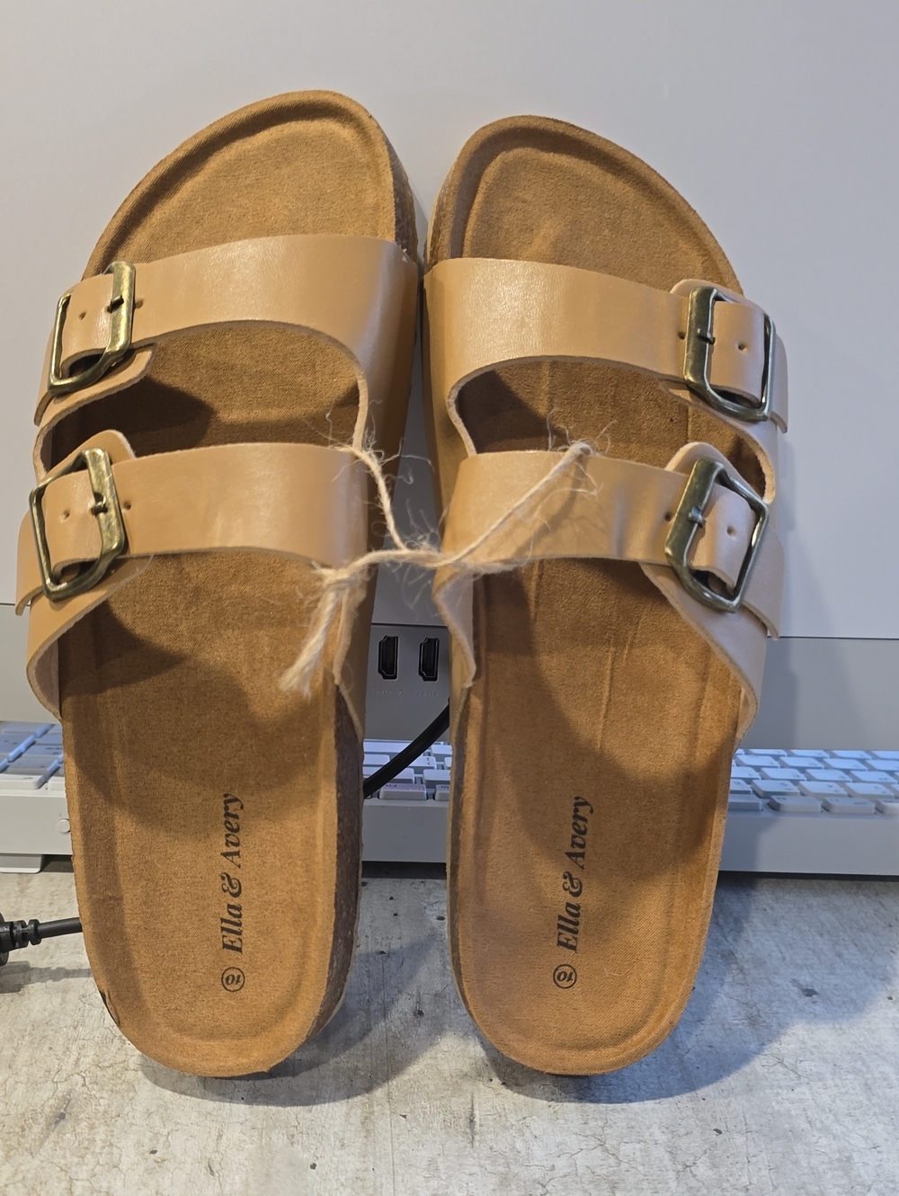 Tan Double-Buckle Slide Sandals